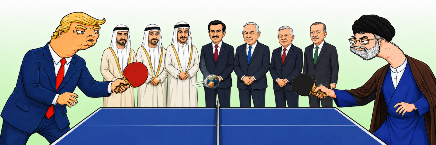 Political leaders playing ping-pong across a blue table while world leaders watch